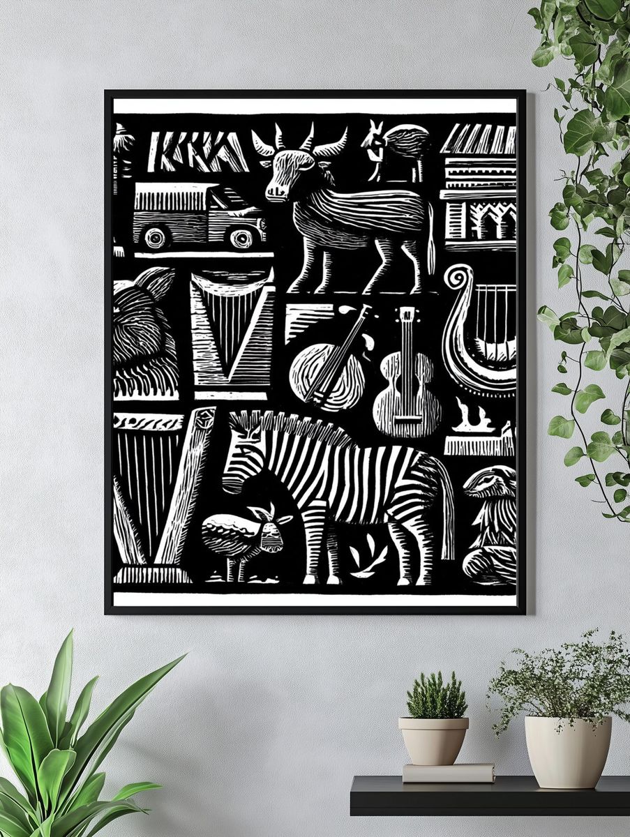 African Animal Instruments Print. — room view 4