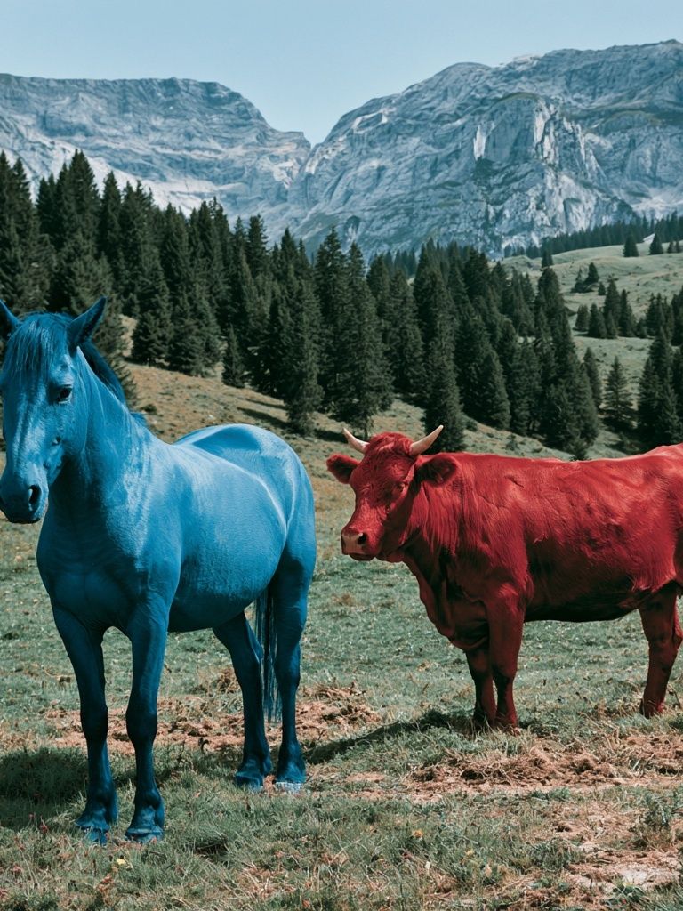 Colorful Horses in Alpine Meadow Poster. poster — animals art