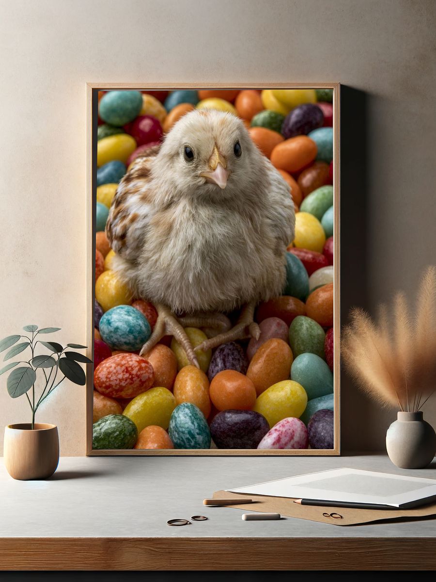 Chick Among Colorful Eggs Poster. — room view 2