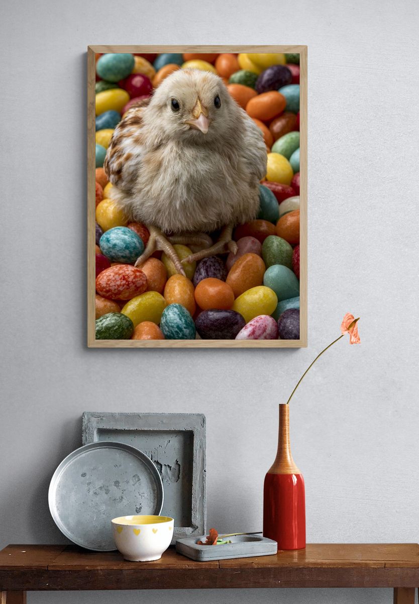 Chick Among Colorful Eggs Poster. — room view 3