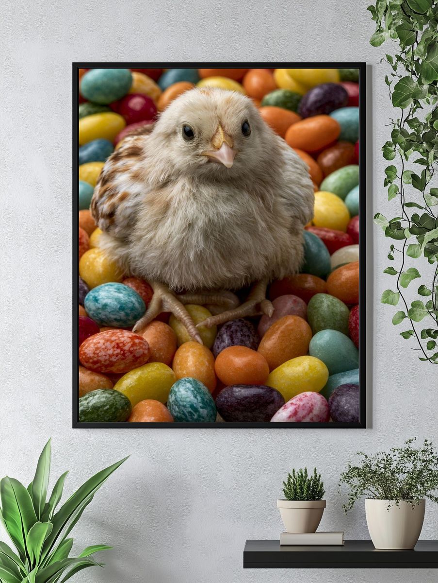 Chick Among Colorful Eggs Poster. — room view 4