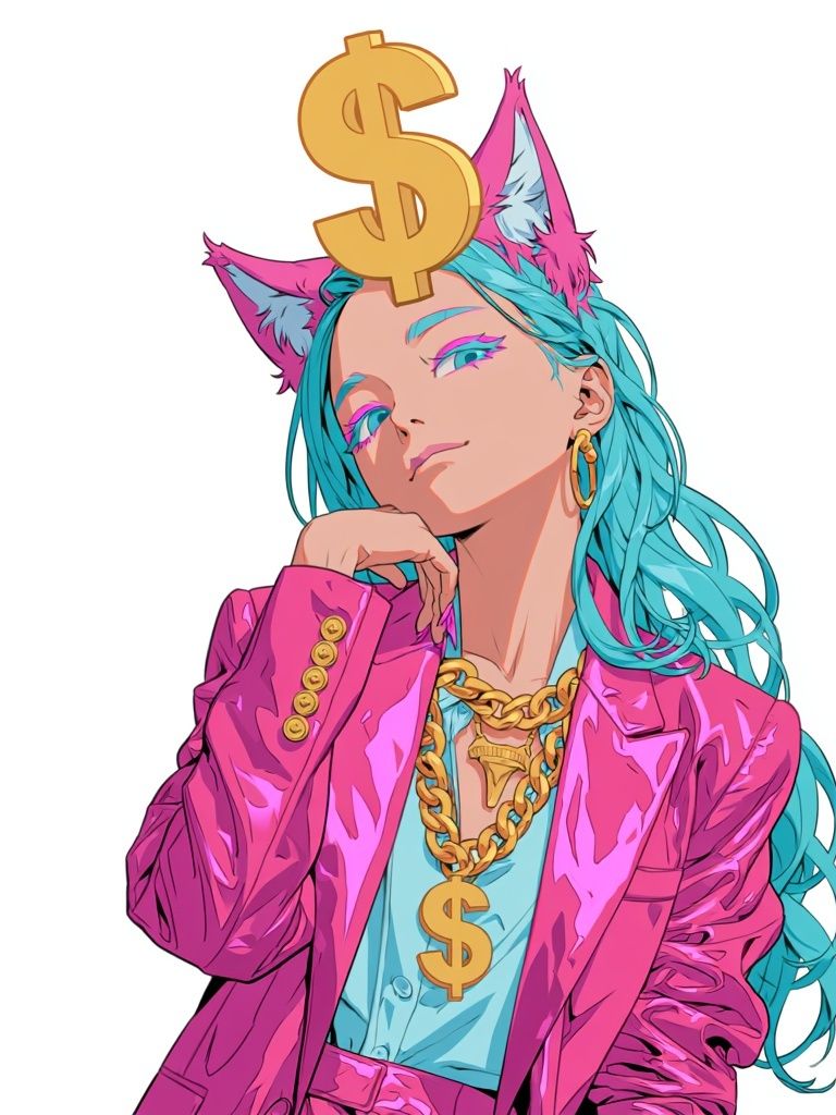 Neon Catgirl Cash Digital Art Poster. poster detail