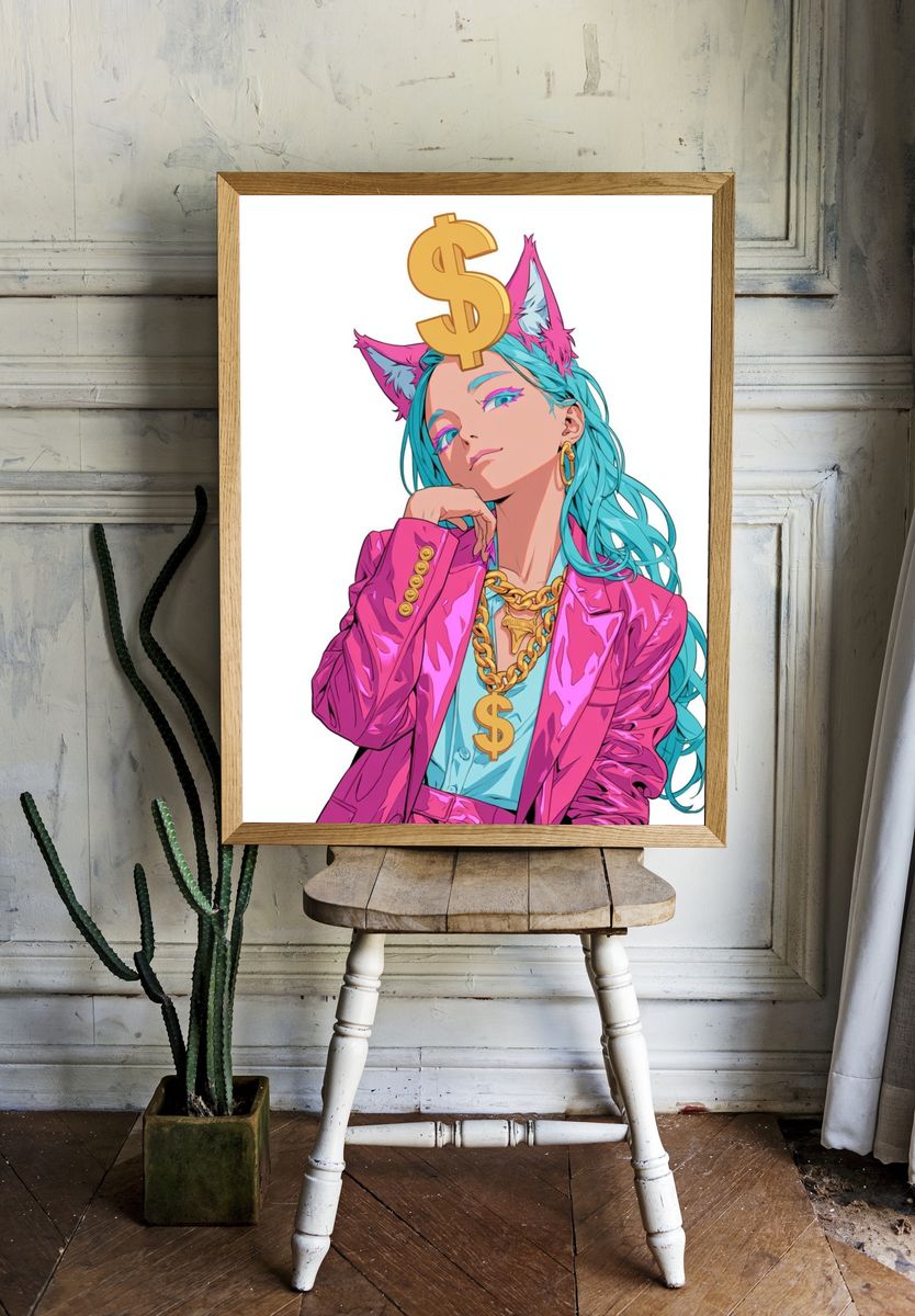 Neon Catgirl Cash Digital Art Poster. room preview