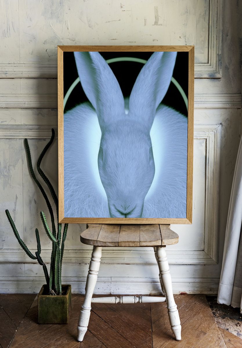 Glowing White Rabbit Portrait Print. — room view 1