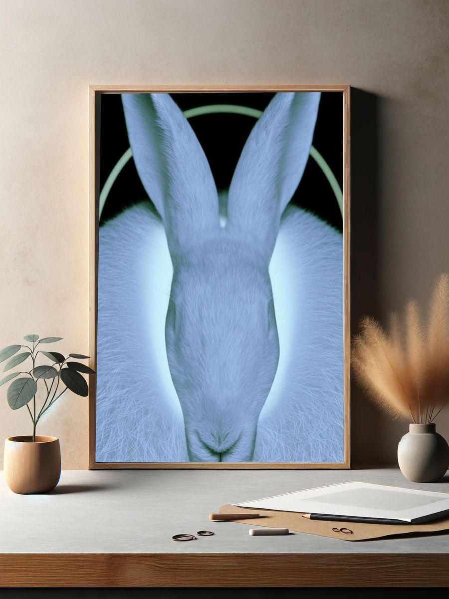 Glowing White Rabbit Portrait Print. — room view 2