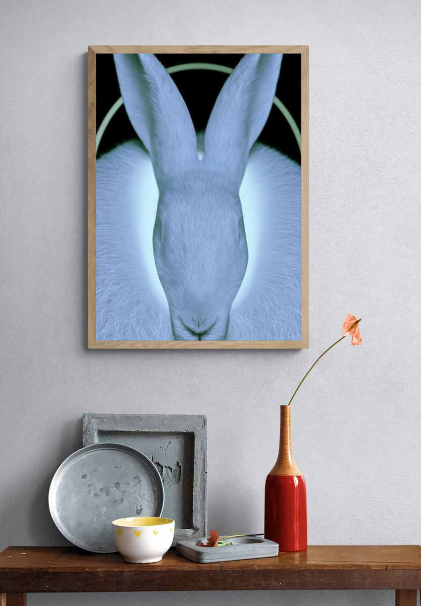 Glowing White Rabbit Portrait Print. — room view 3