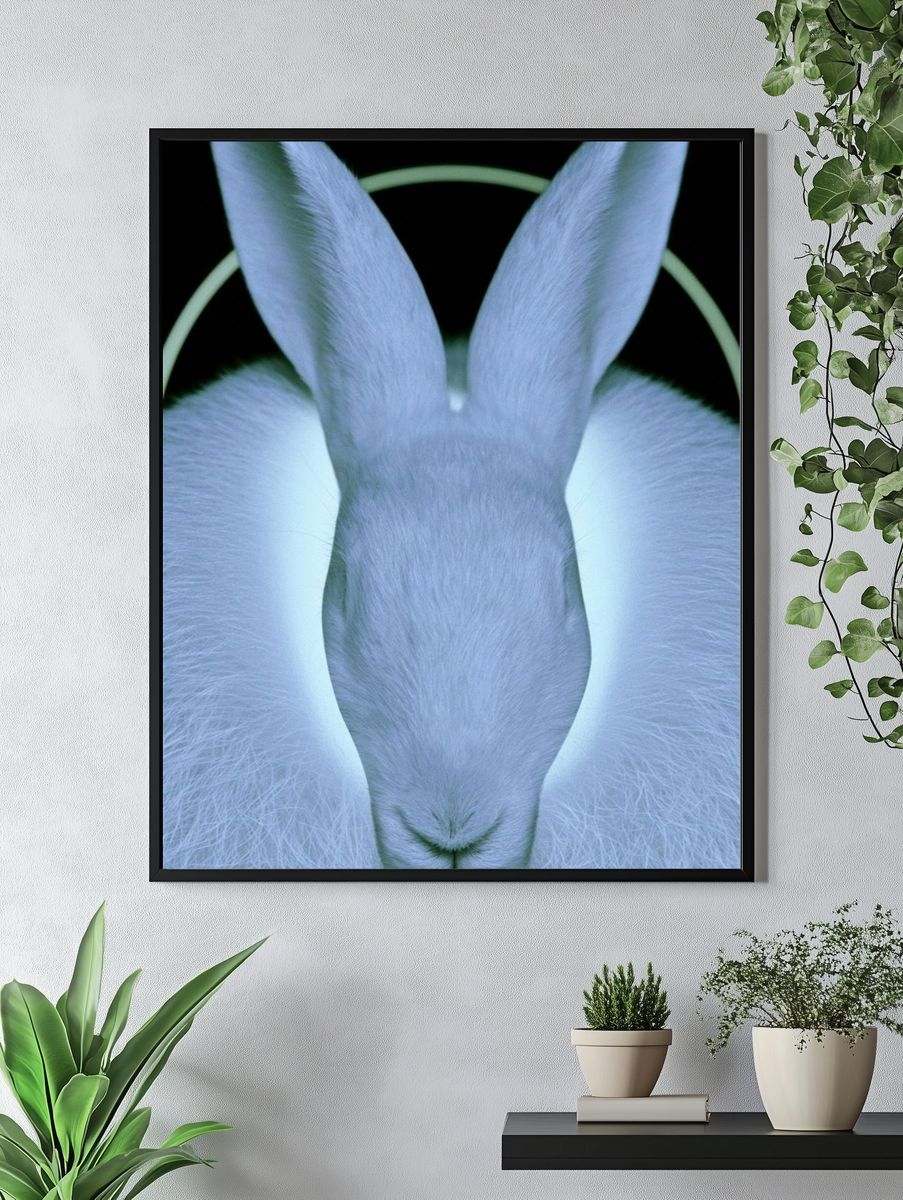 Glowing White Rabbit Portrait Print. — room view 4