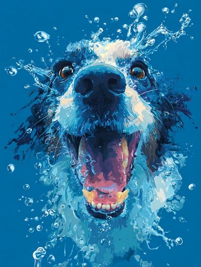 Splashing Dog Portrait Print. poster
