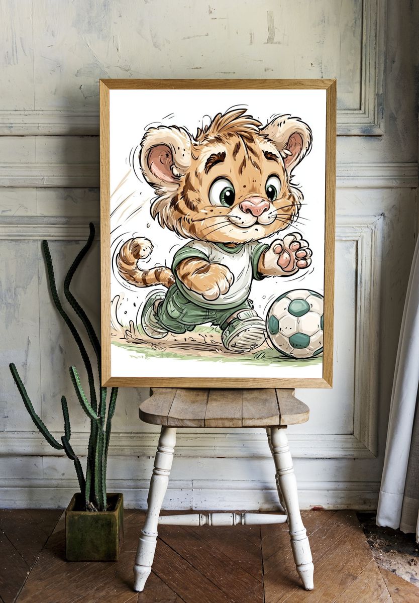 Playful Lion Cub Soccer Poster. — room view 1
