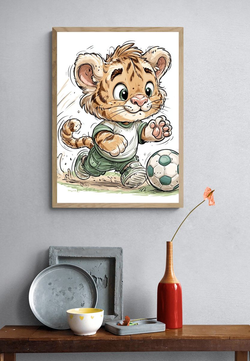 Playful Lion Cub Soccer Poster. — room view 3