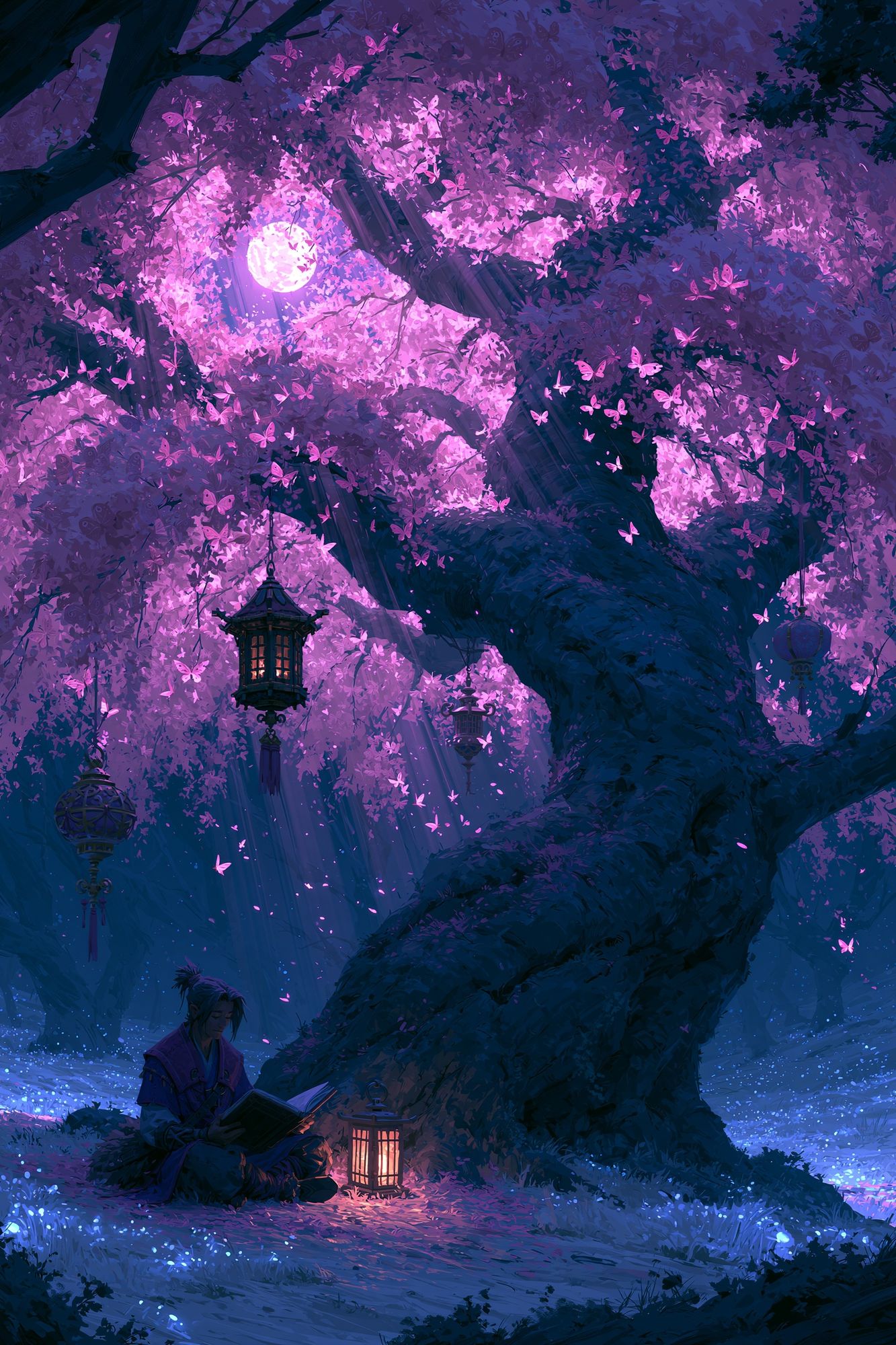 Moonlit Cherry Blossom Forest Print. poster detail