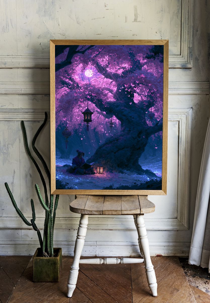 Moonlit Cherry Blossom Forest Print. room preview