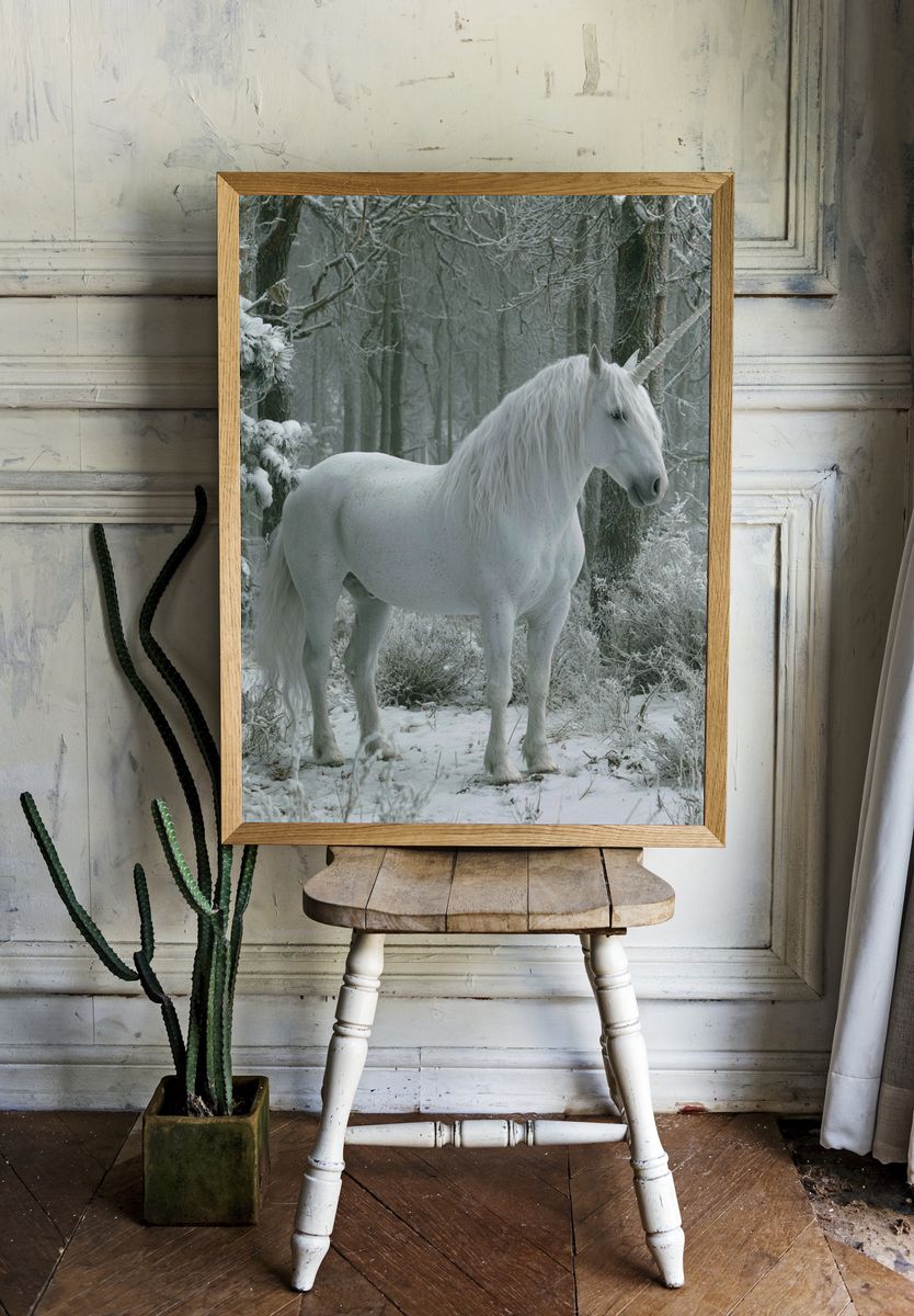 White Unicorn in Winter Forest Poster. — room view 1