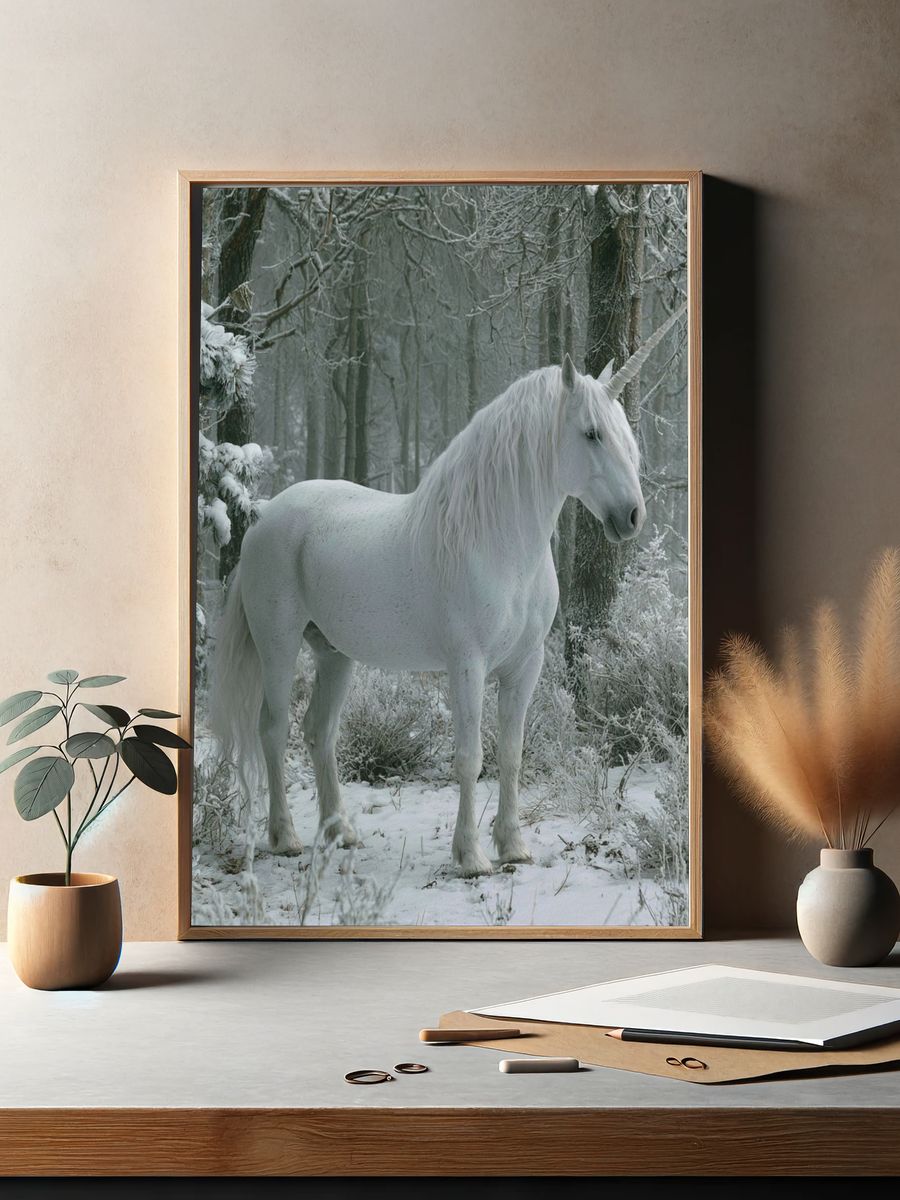 White Unicorn in Winter Forest Poster. — room view 2
