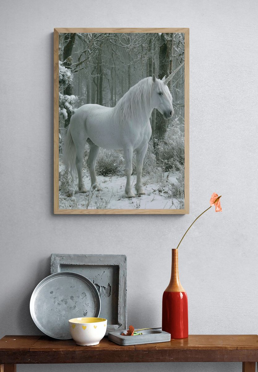 White Unicorn in Winter Forest Poster. — room view 3