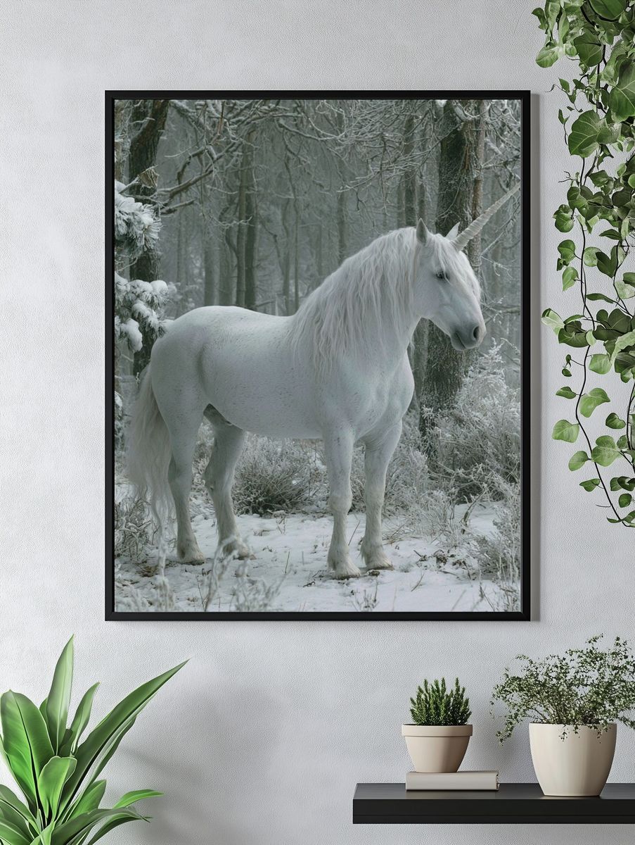 White Unicorn in Winter Forest Poster. — room view 4