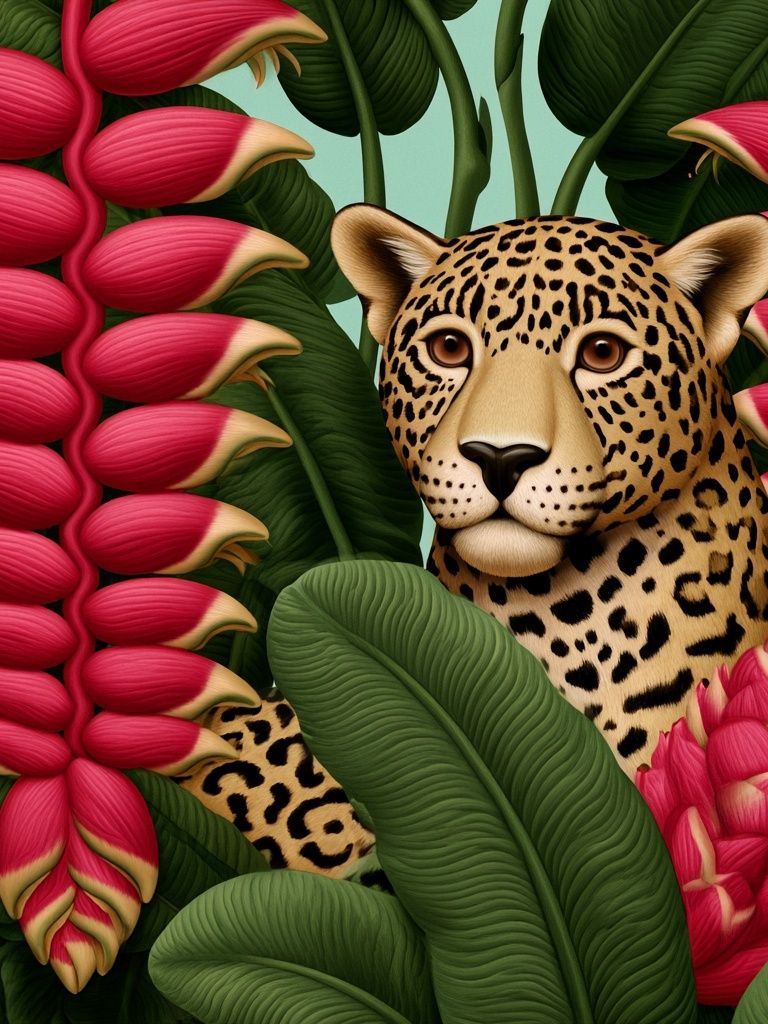 Leopard in Tropical Blooms Print. poster — animals art