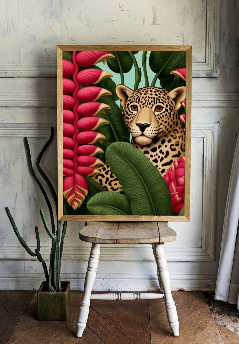 Leopard in Tropical Blooms Print. — room view 1