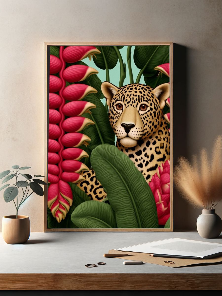 Leopard in Tropical Blooms Print. — room view 2