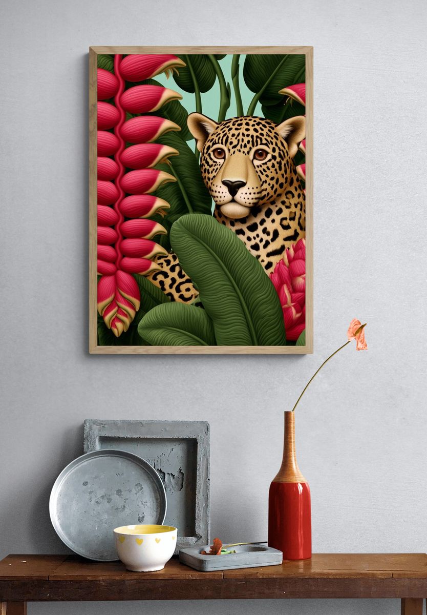 Leopard in Tropical Blooms Print. — room view 3