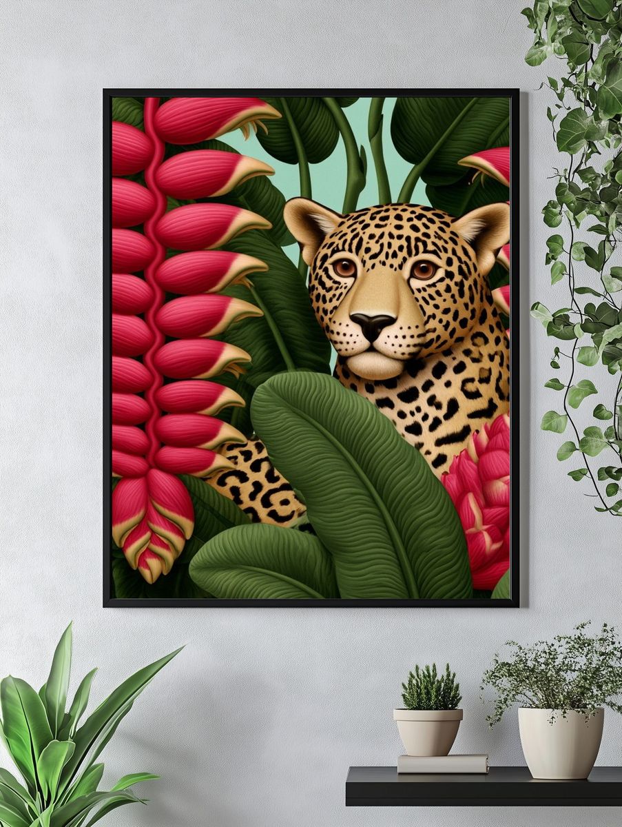 Leopard in Tropical Blooms Print. — room view 4