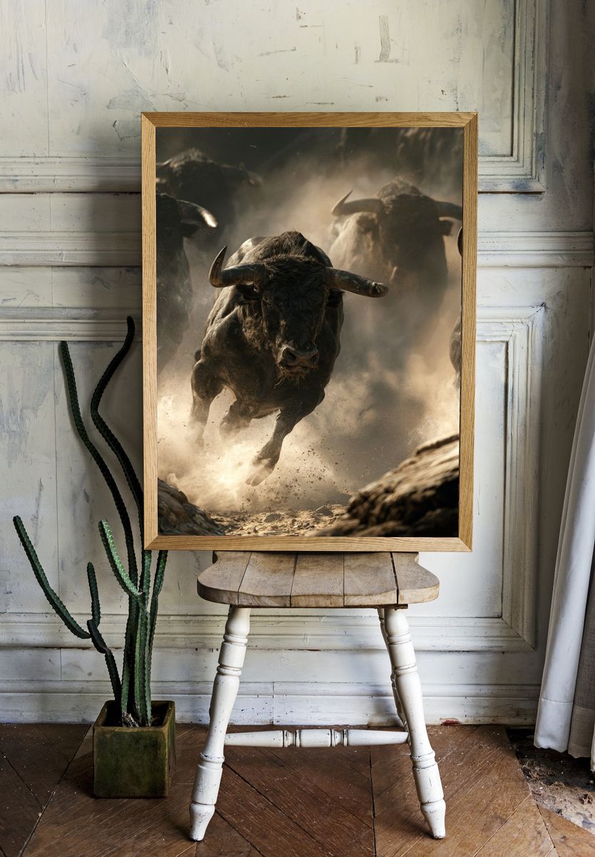 Charging Bulls Wildlife Photography Poster. — room view 1