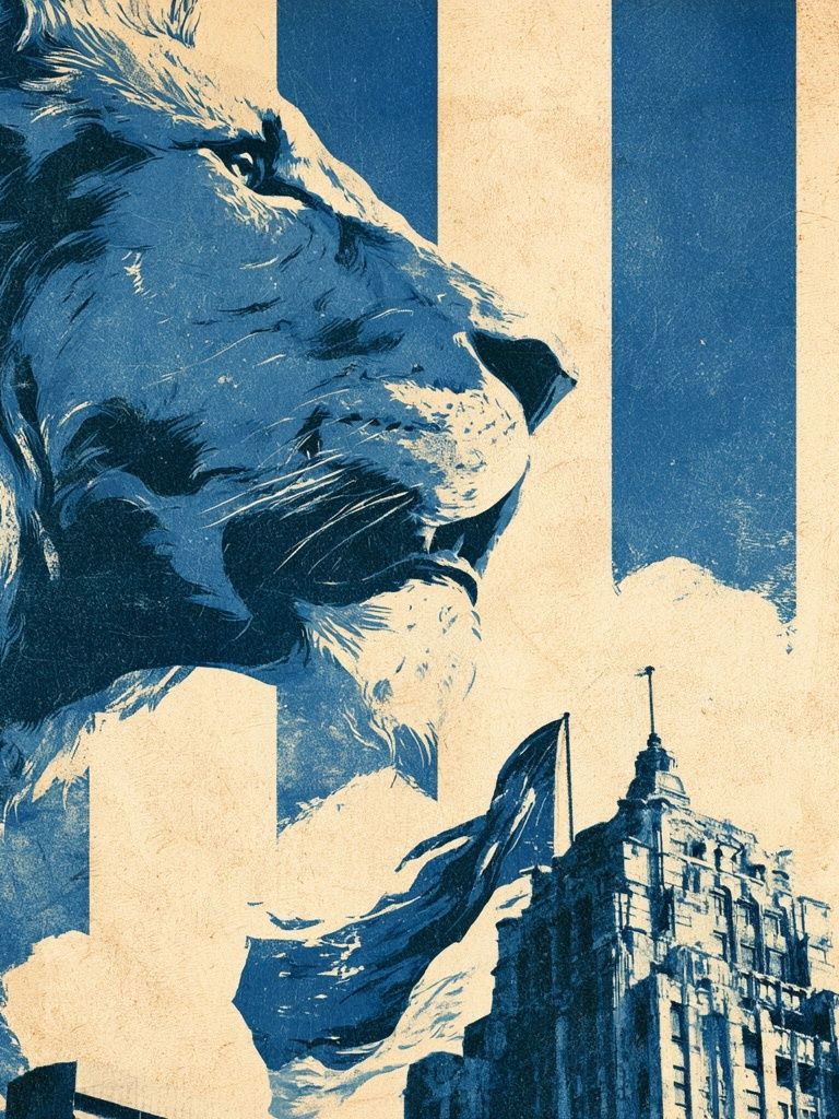 Lion and City Skyline Vintage Print. poster detail