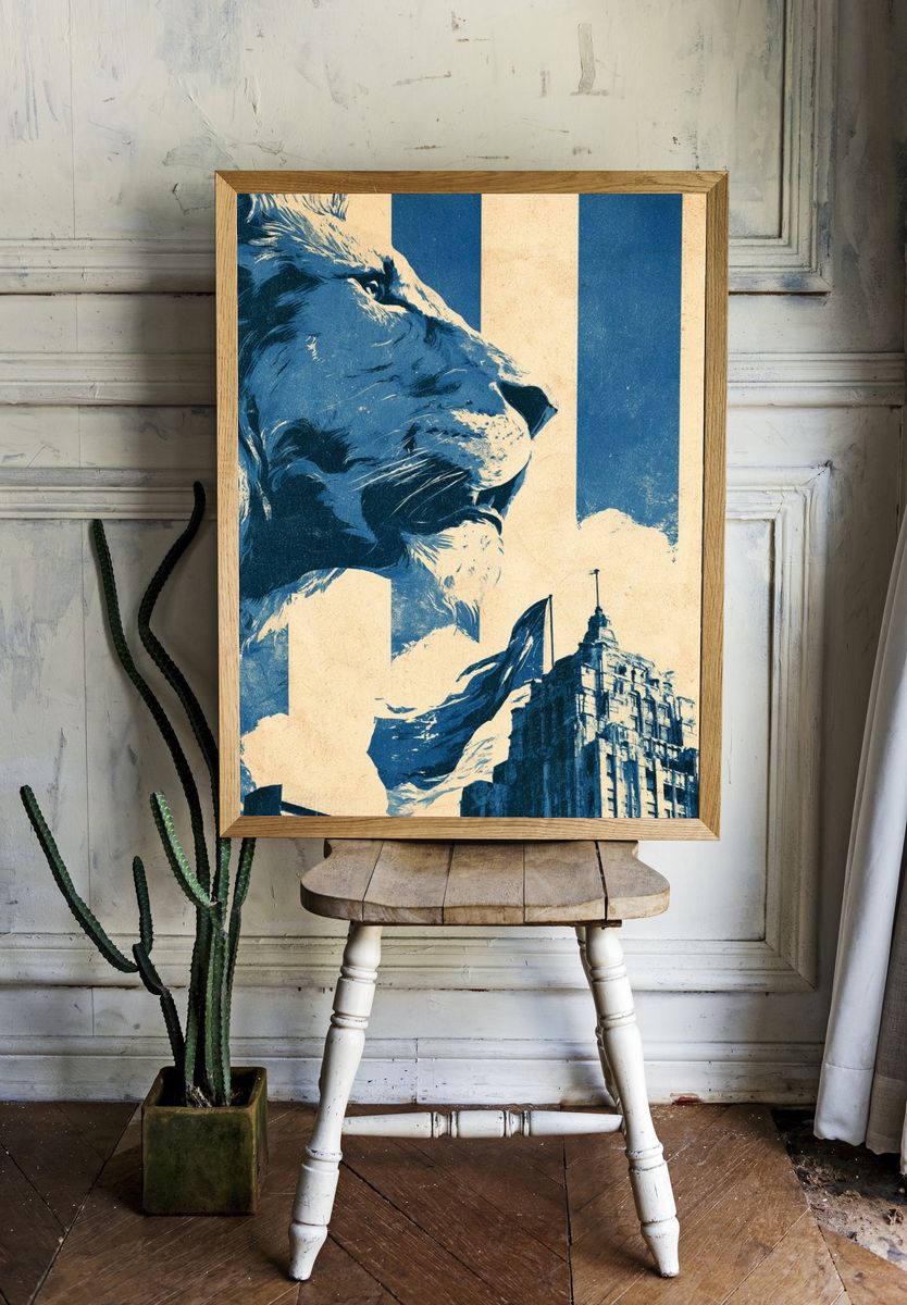 Lion and City Skyline Vintage Print. room preview