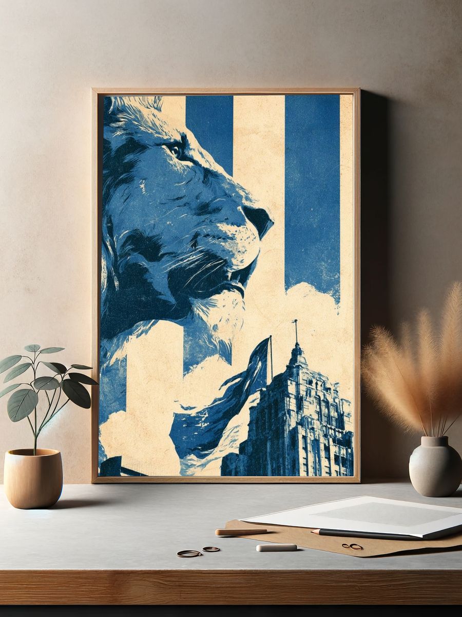 Lion and City Skyline Vintage Print. — room view 2