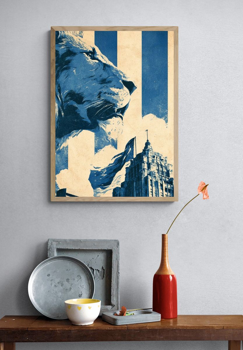 Lion and City Skyline Vintage Print. — room view 3