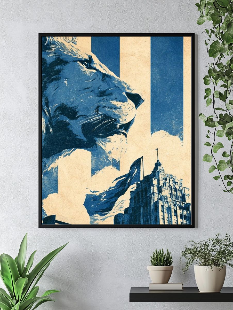Lion and City Skyline Vintage Print. — room view 4