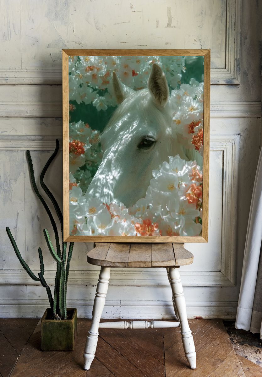 White Horse in Blossoms Photography Poster. — room view 1