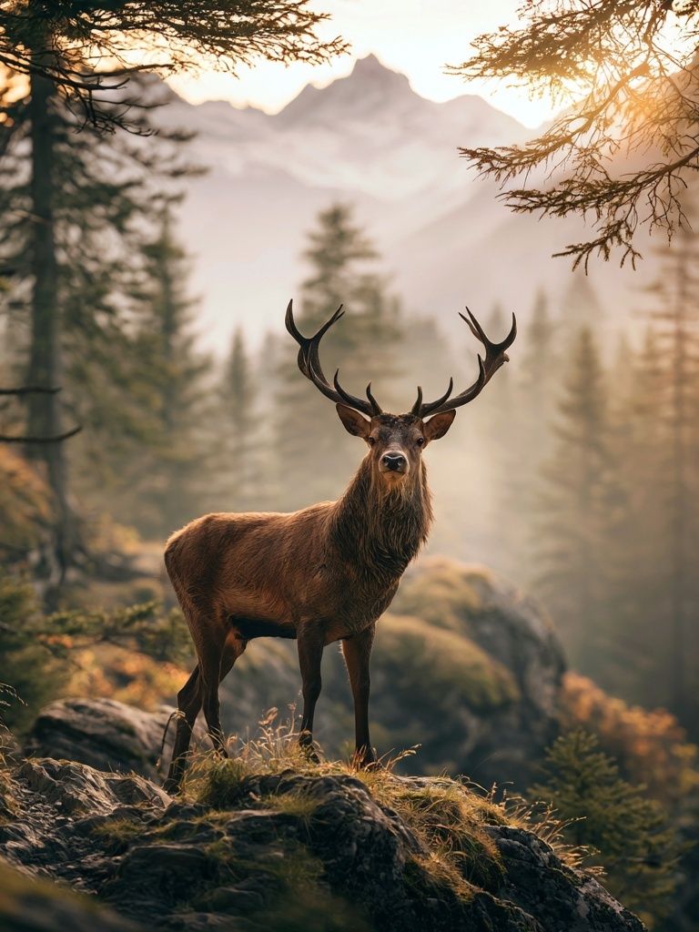 Majestic Stag in Misty Forest Poster. poster detail