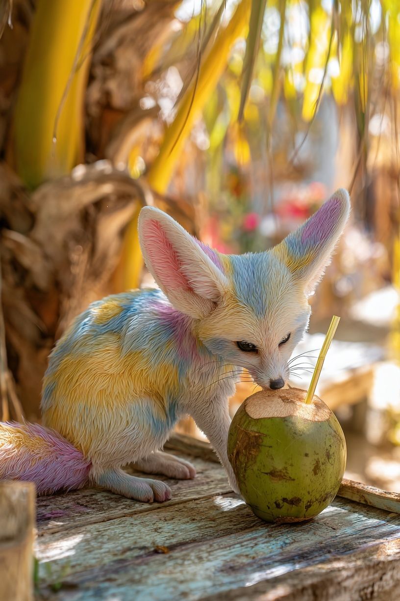 Colorful Fennec Fox with Coconut — Animal Print. poster detail