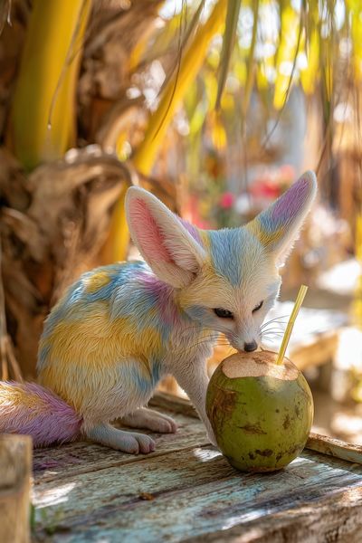 Colorful Fennec Fox with Coconut — Animal Print. poster
