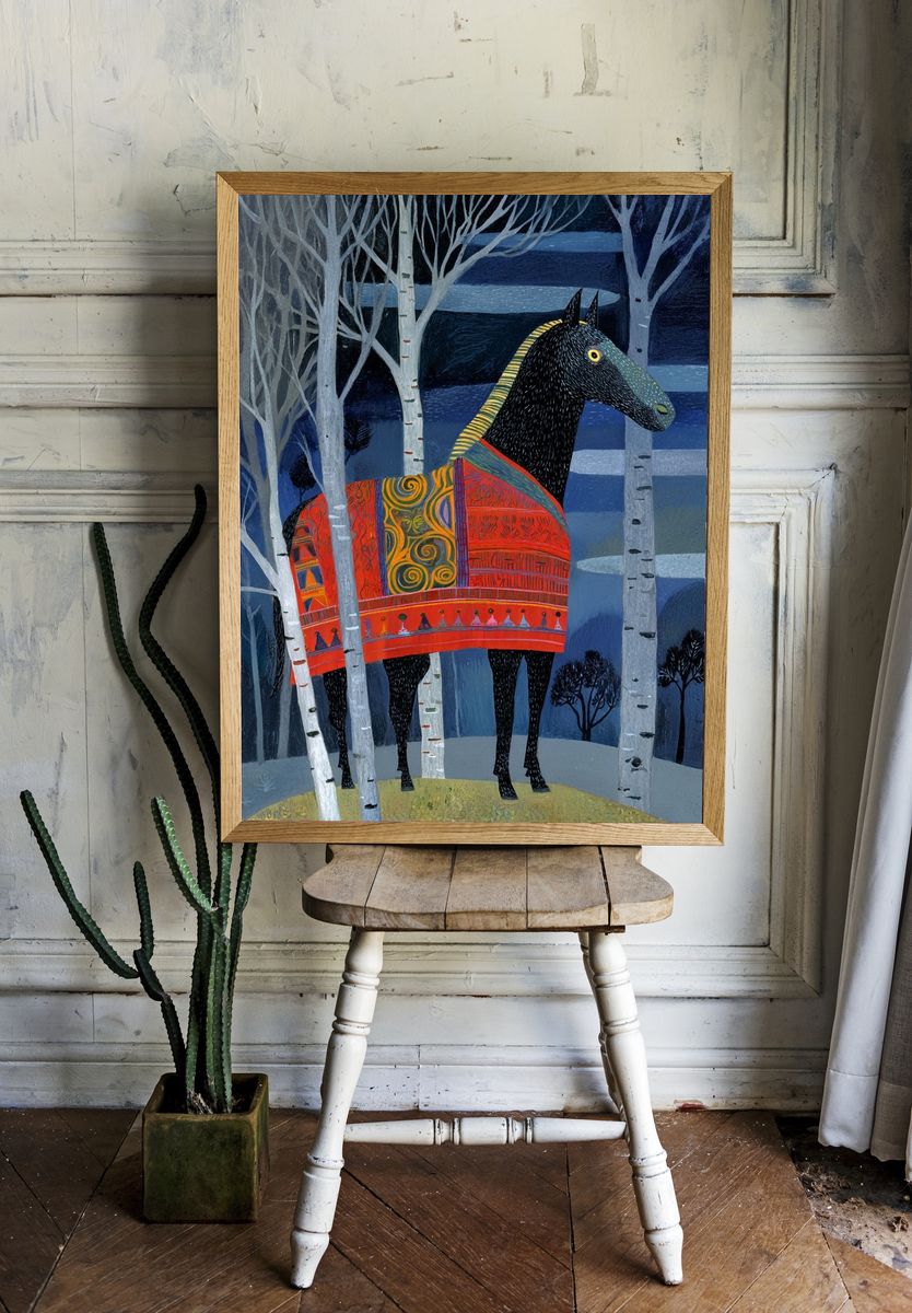 Decorative Horse in Birch Forest Print. — room view 1
