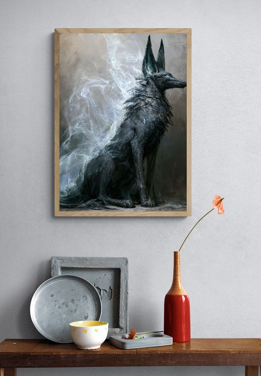 Mystic Black Wolf Digital Art Poster. — room view 3