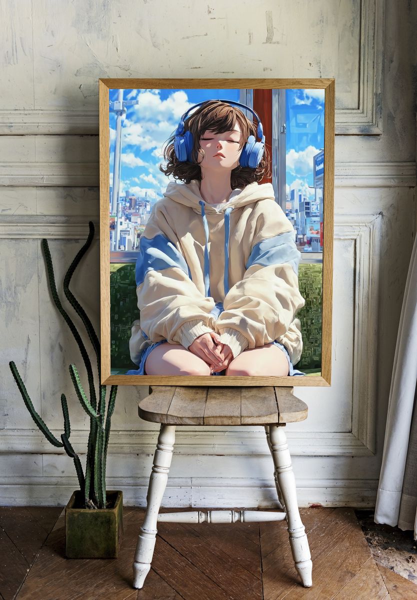 Girl with Headphones — Anime Print room preview