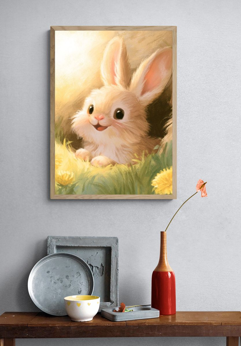 Baby Bunny Meadow Illustration Poster. — room view 3