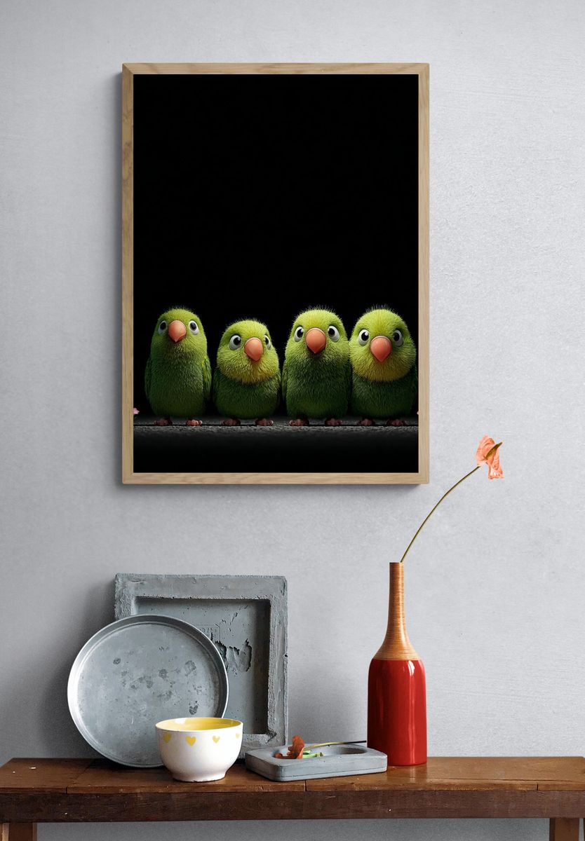 Cute Green Parrots — Cartoon Print. — room view 3