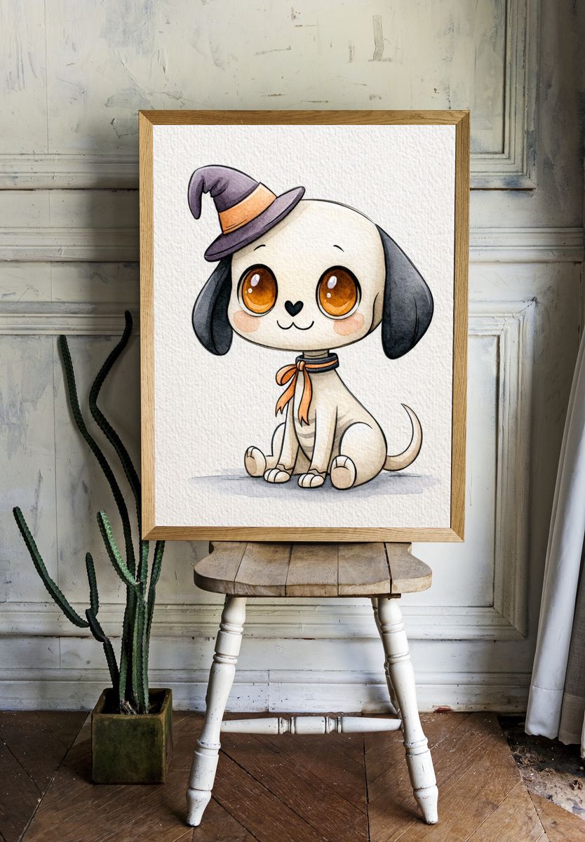 Halloween Puppy Watercolor Poster. — room view 1