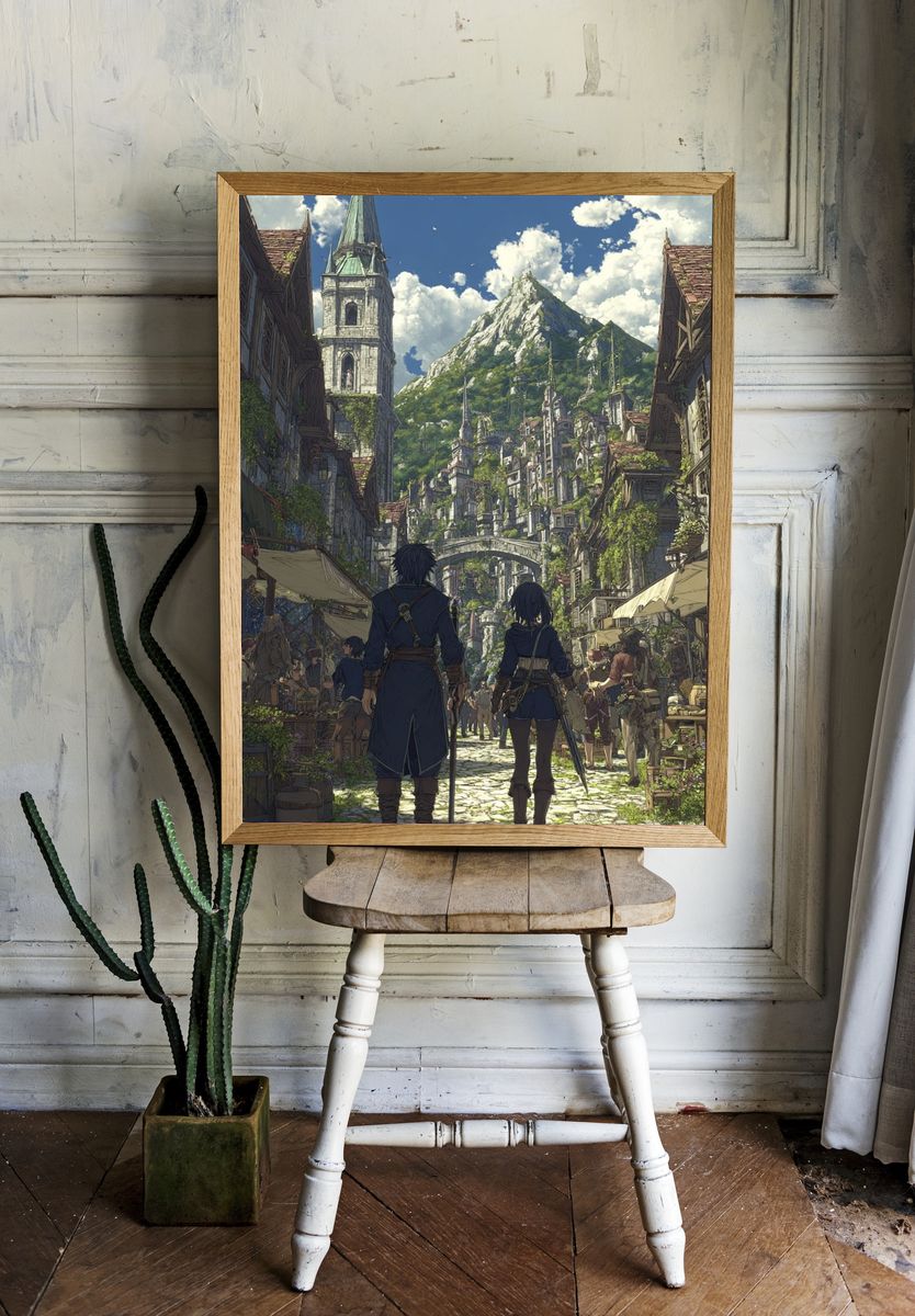 Adventurers in a Fantasy Village — Anime Print. room preview