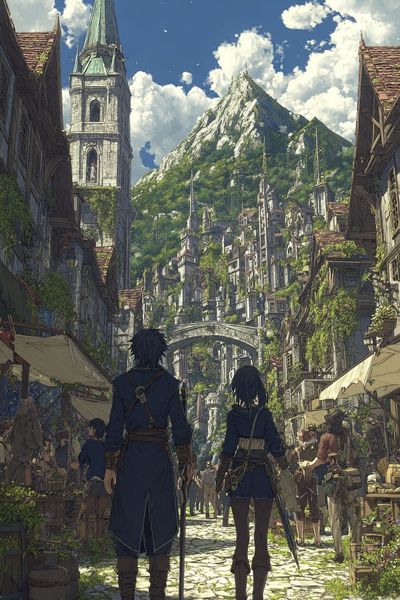 Adventurers in a Fantasy Village — Anime Print. poster print