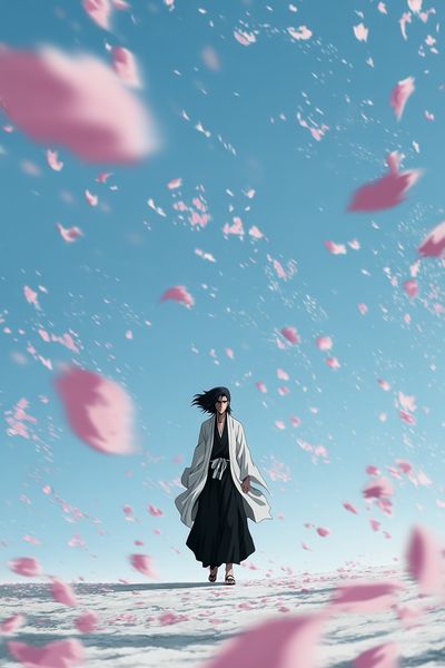 Anime Character in Cherry Blossom Wind — Art Print. poster