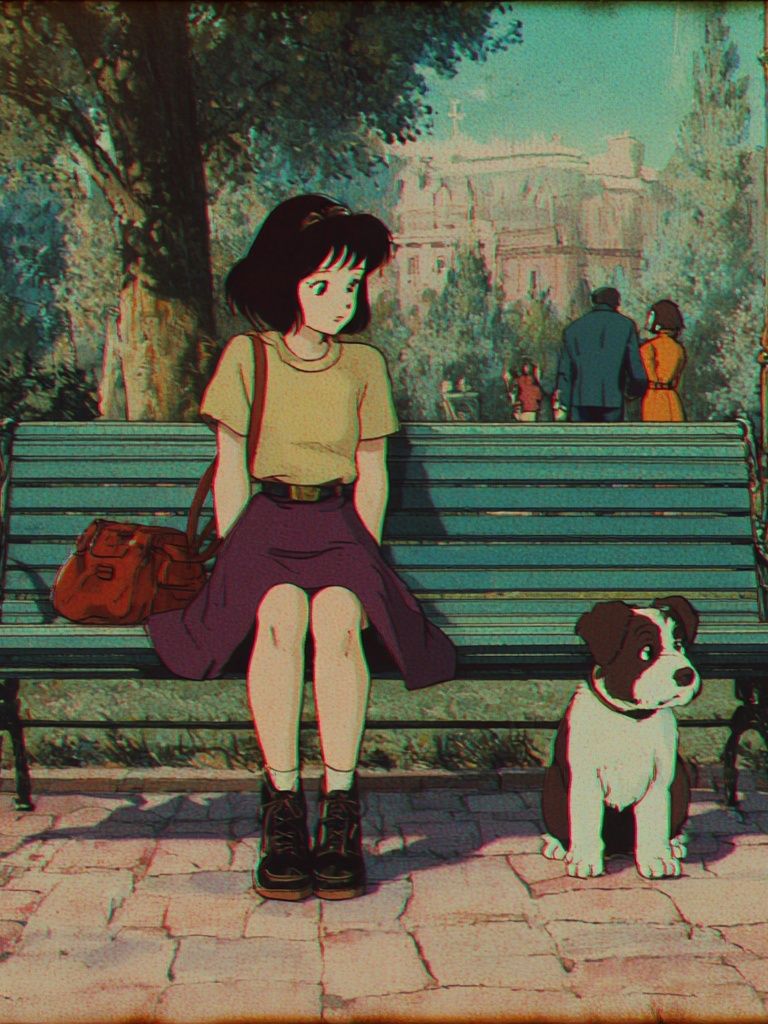 Girl and Dog in Park — Anime Print. poster — anime art