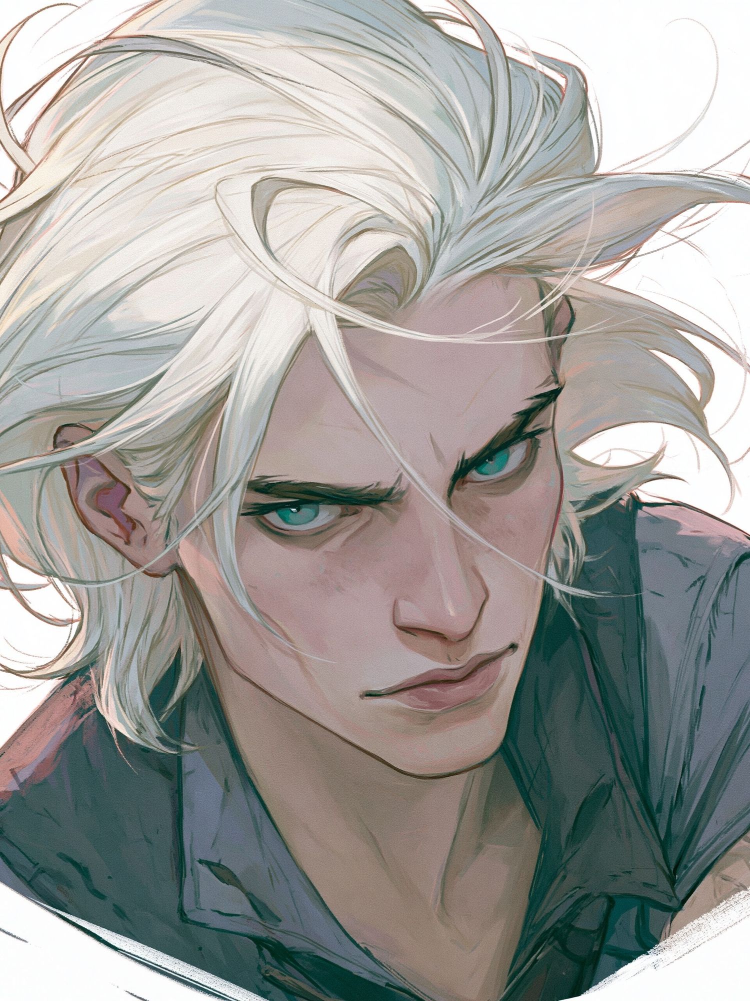 White-Haired Character Portrait Print. poster — anime art