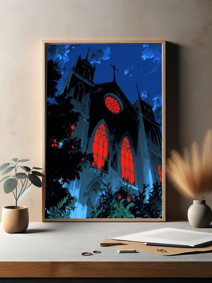 Gothic Church at Night — Anime Print. — room view 2