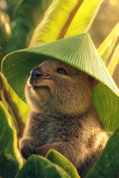 Quokka in Leaf Hat — Animal Photography Print. poster print