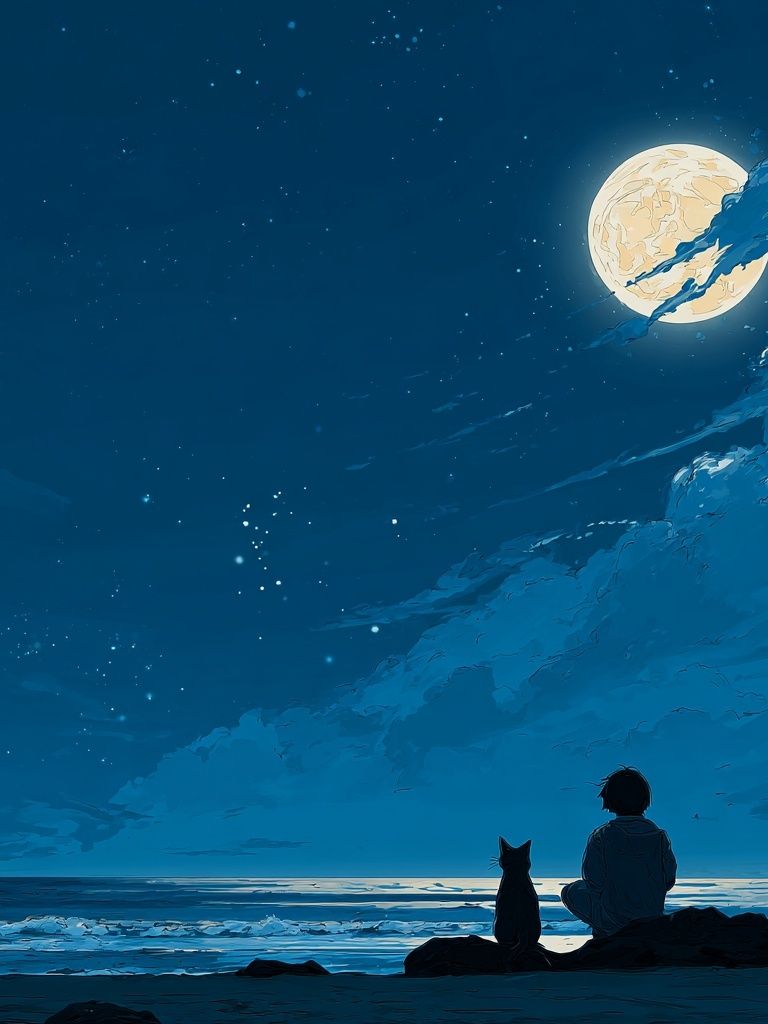 Boy and Dog Under the Moon — Anime Print.