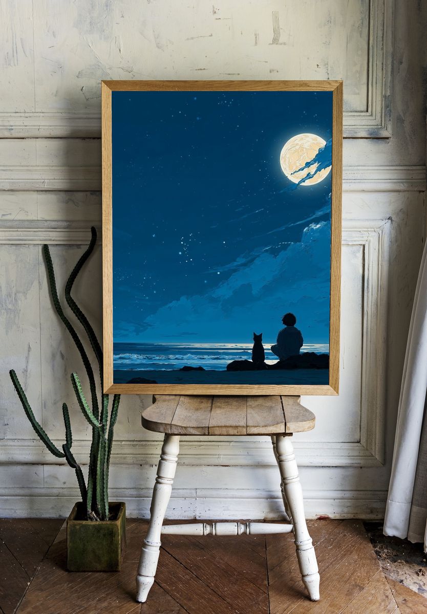 Boy and Dog Under the Moon — Anime Print. — room view 1